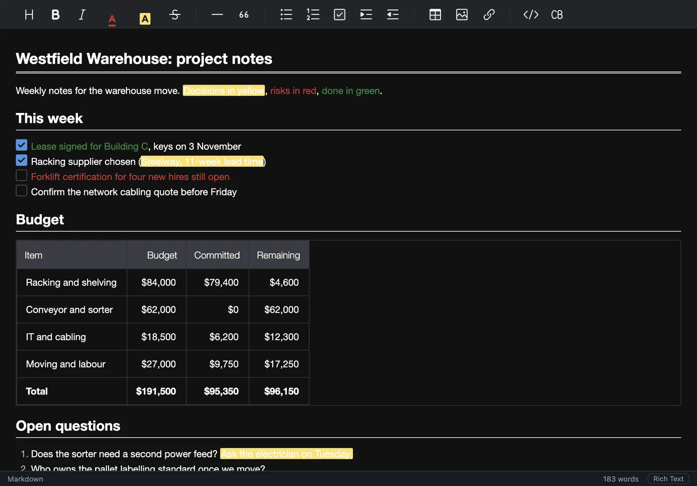 Project notes with yellow highlights, red and green text, task lists and budget tables