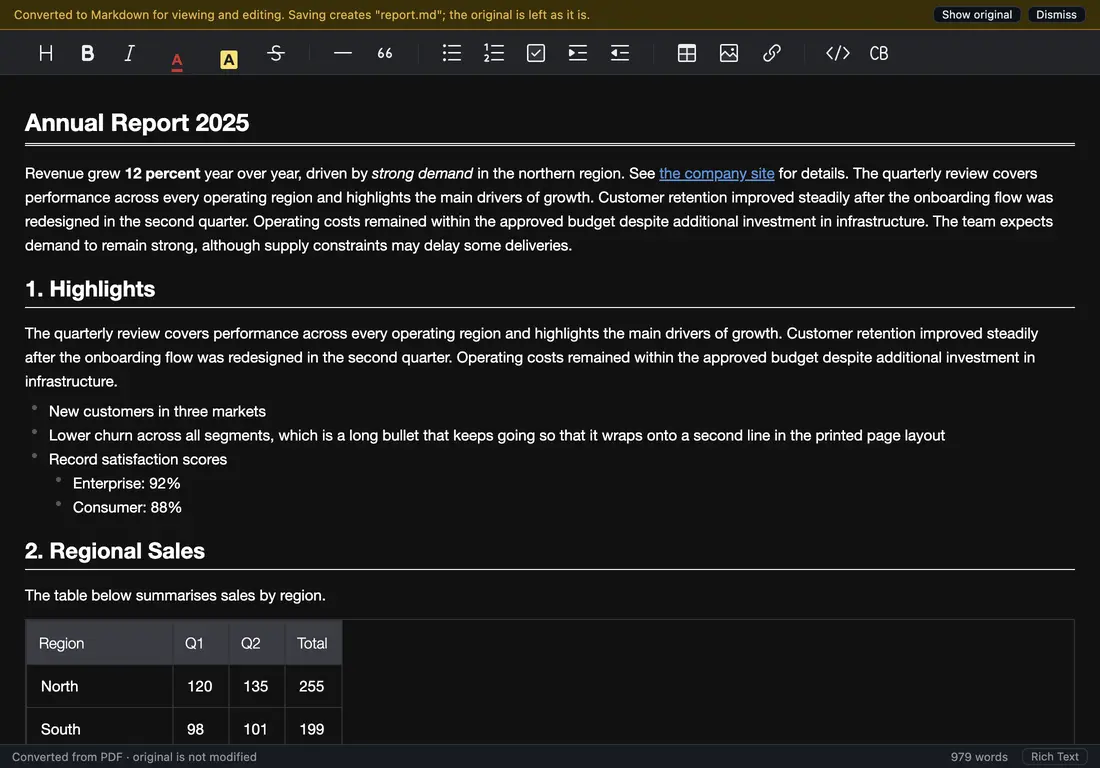 Anymark opening a Word report, a spreadsheet and a PDF and showing them as editable Markdown
